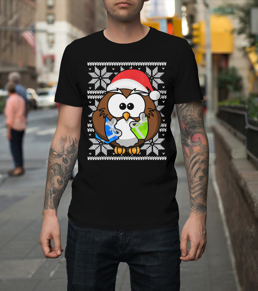 UGLY CHRISTMAS Holiday Owl With Santa Hat And Gifts T-Shirt