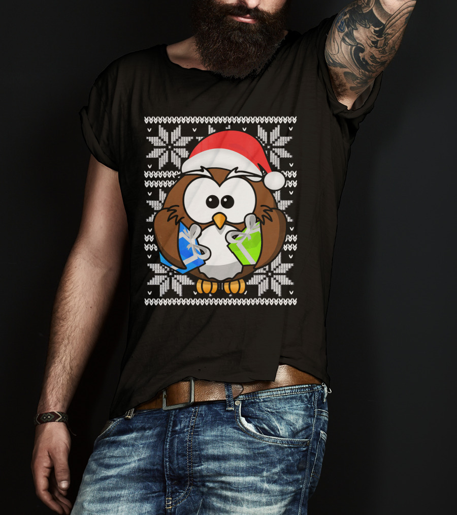 UGLY CHRISTMAS Holiday Owl With Santa Hat And Gifts T-Shirt