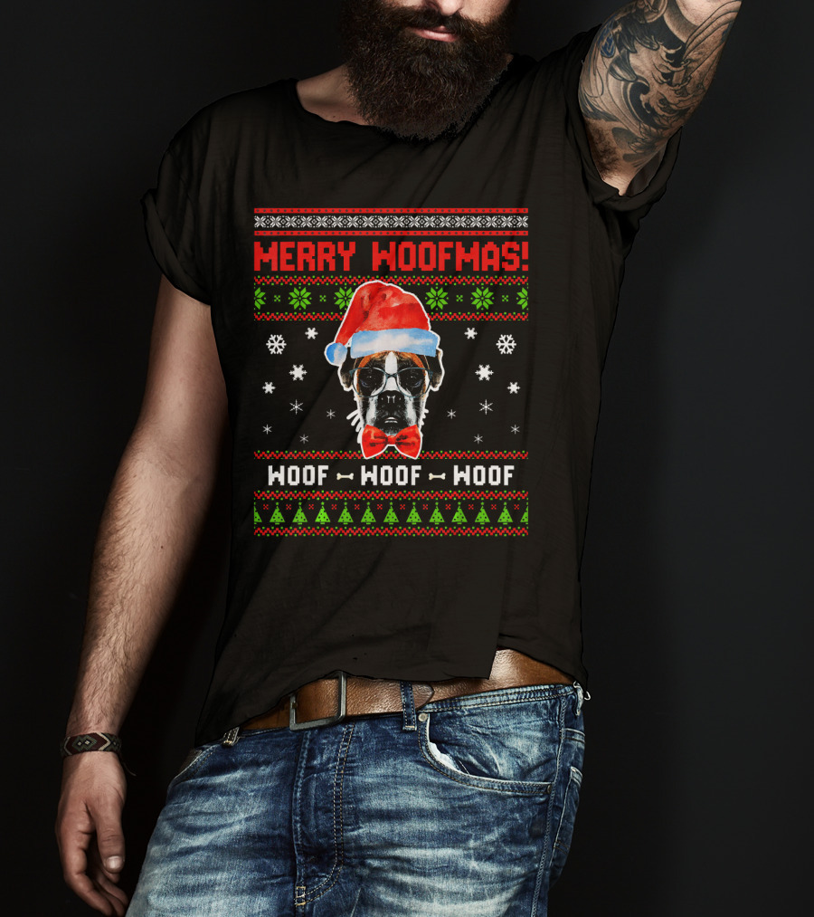 Merry Woofmas Boxer Dog Santa Hat Woof Woof Woof T-Shirt
