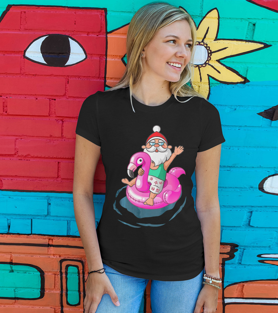 Christmas In July Santa Riding Flamingo Float In Hawaiian Shorts T-Shirt