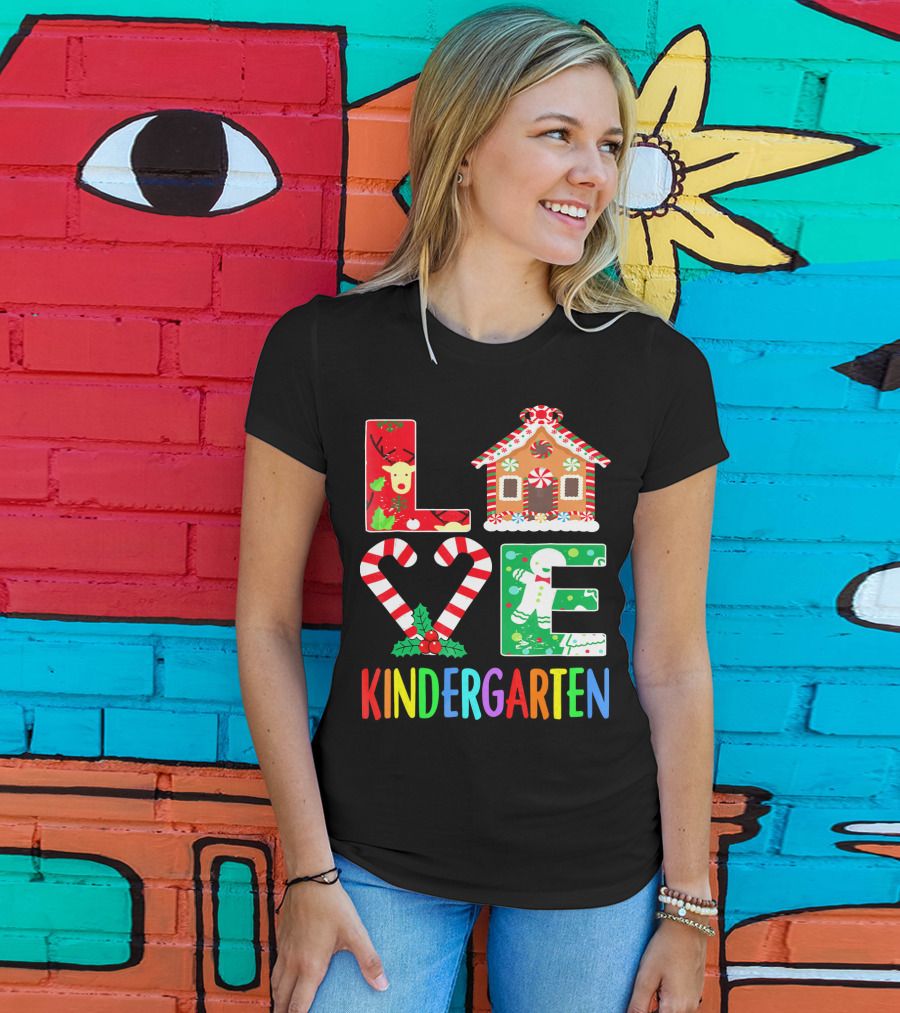 LOVE Kindergarten Christmas Reindeer Gingerbread Candy Cane T-Shirt