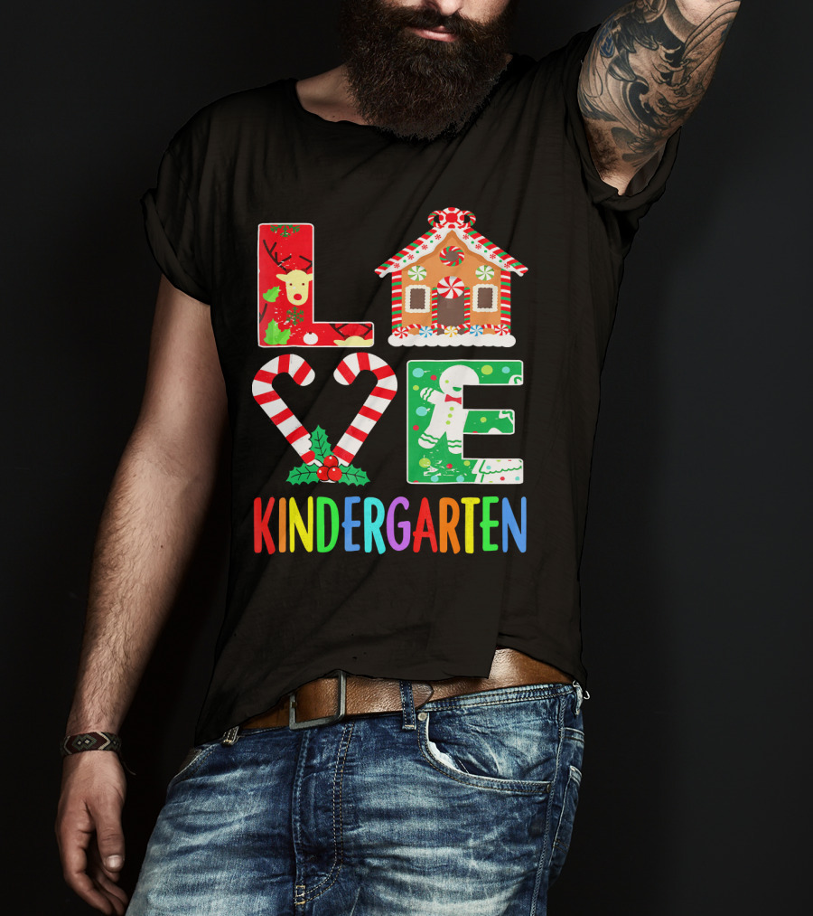 LOVE Kindergarten Christmas Reindeer Gingerbread Candy Cane T-Shirt