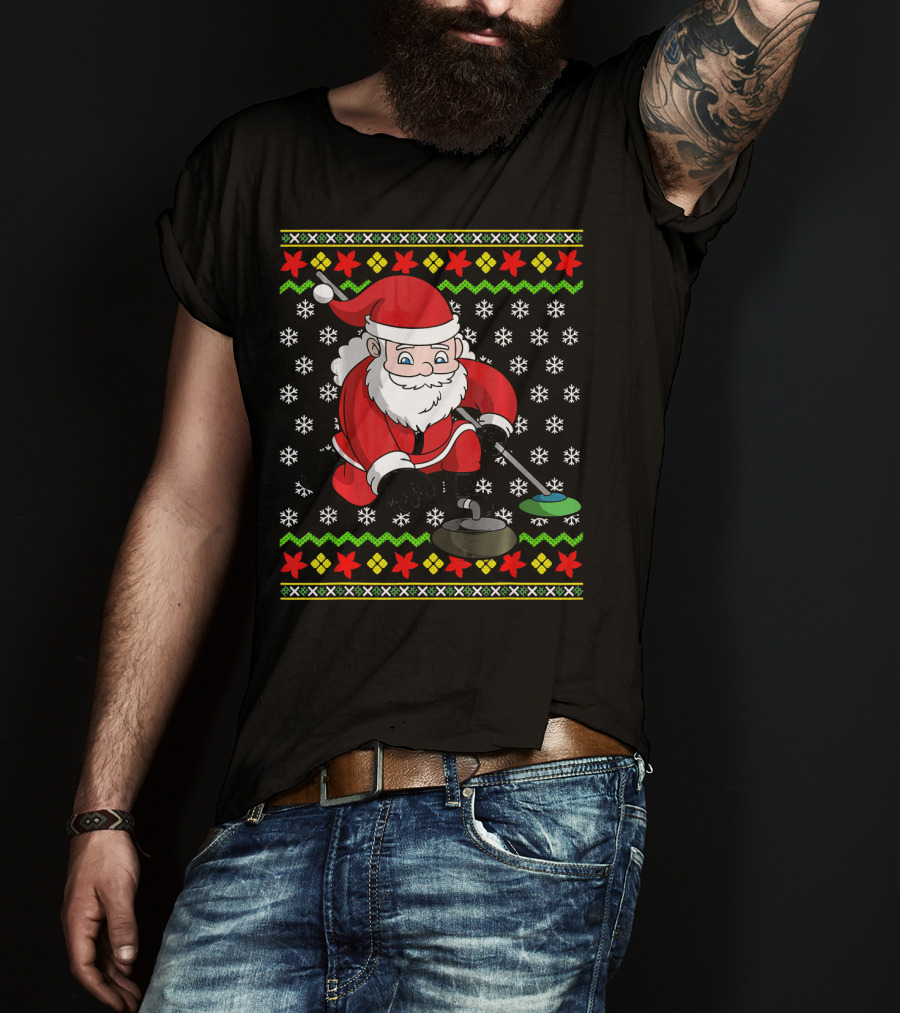 Santa Curling Ugly Christmas Sweater Snowflakes T-Shirt