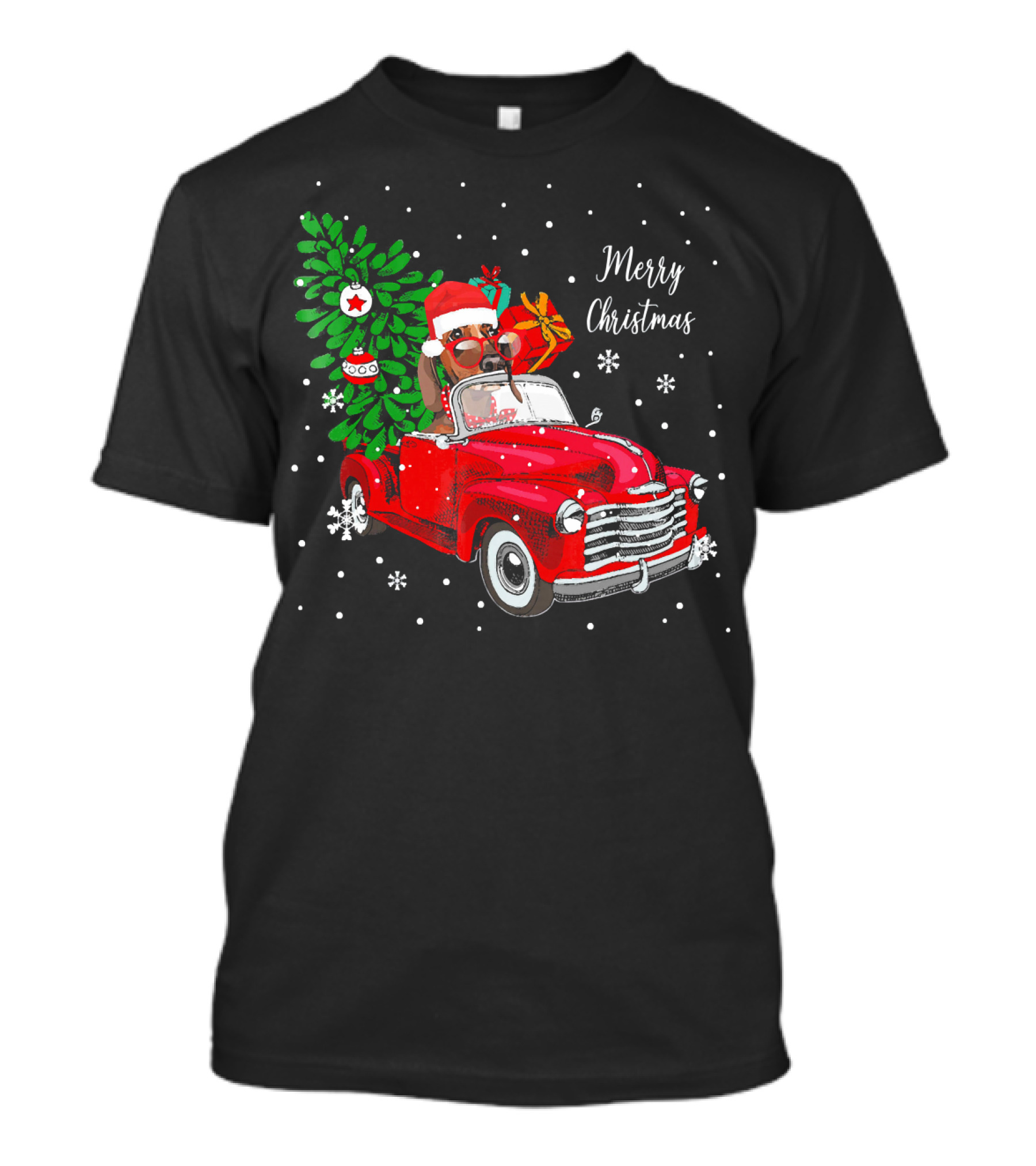 Merry Christmas Santa Dachshund In Red Truck With Gifts And Tree T-Shirt