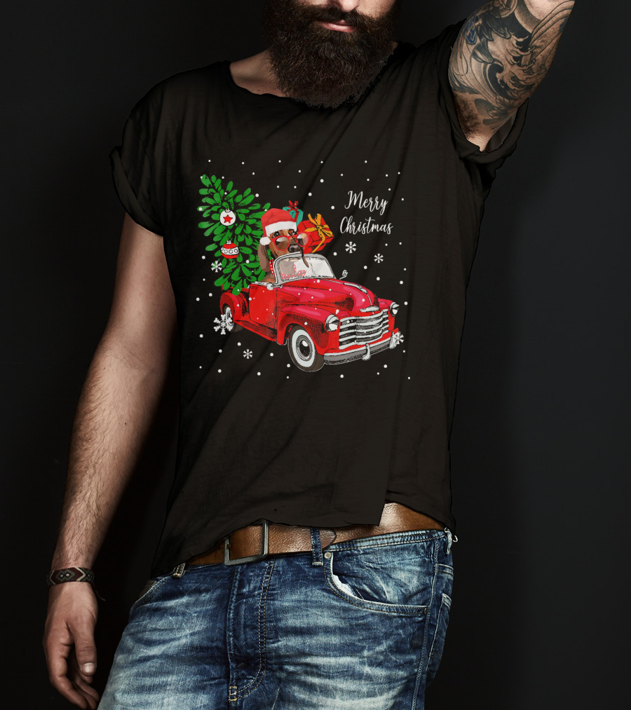 Merry Christmas Santa Dachshund In Red Truck With Gifts And Tree T-Shirt