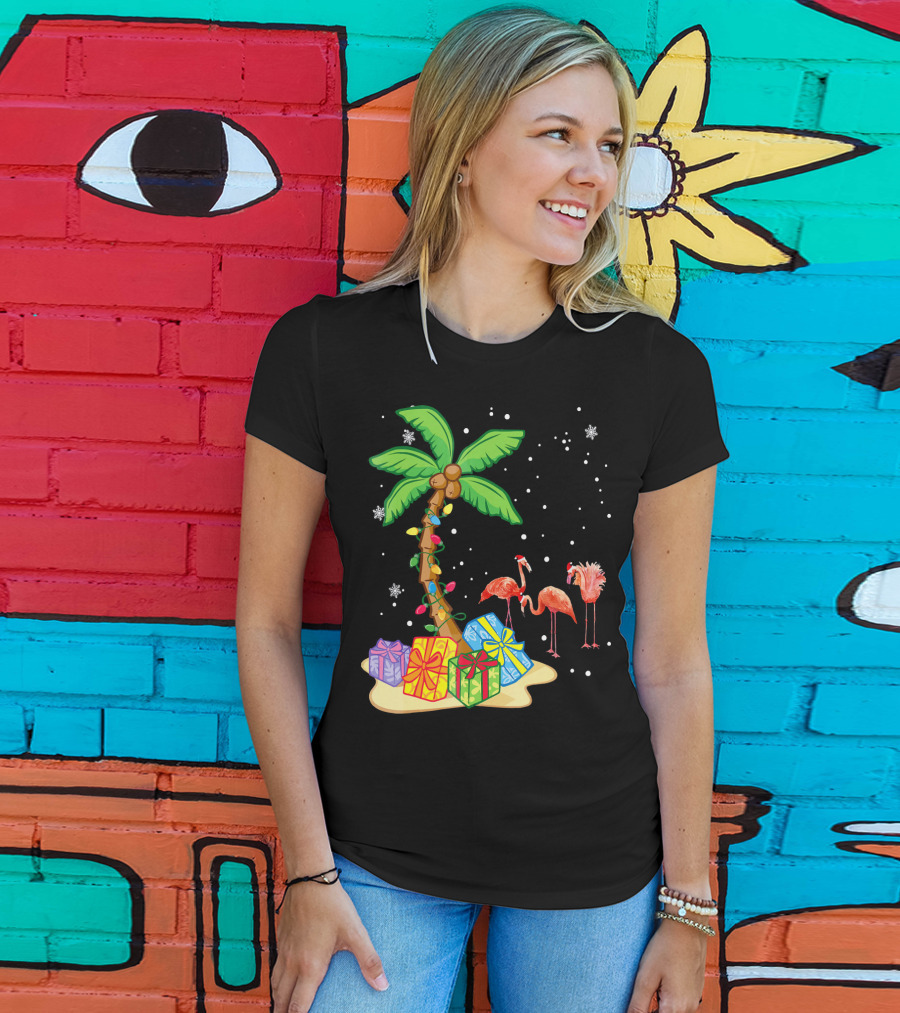 Flamingo Christmas Palm Tree Snow Presents T-Shirt