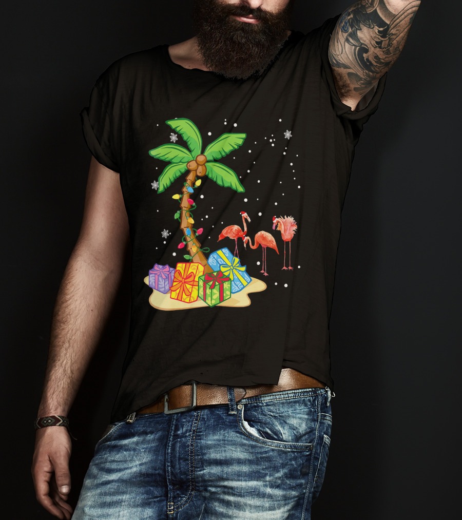 Flamingo Christmas Palm Tree Snow Presents T-Shirt