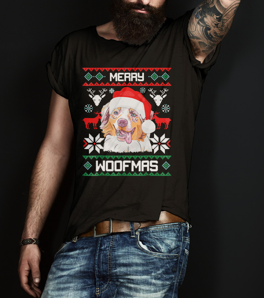 Merry Woofmas Australian Shepherd With Santa Hat And Christmas Motifs T-Shirt