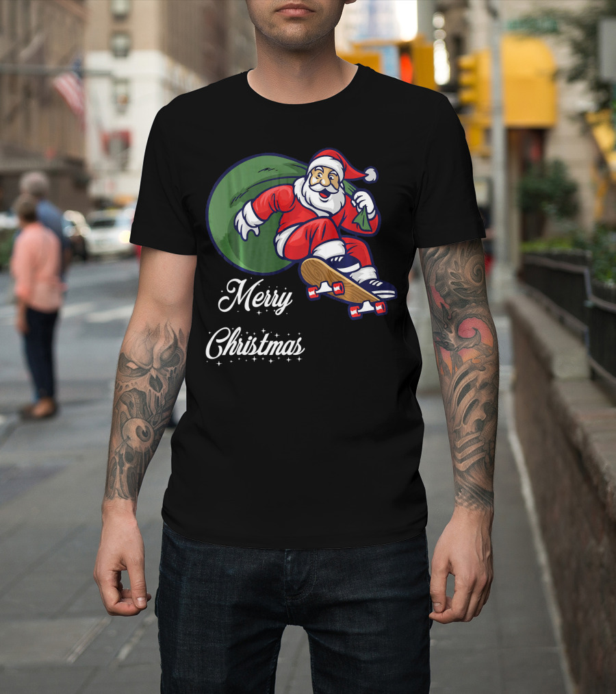 Merry Christmas Santa Claus Skating With Gift Sack T-Shirt