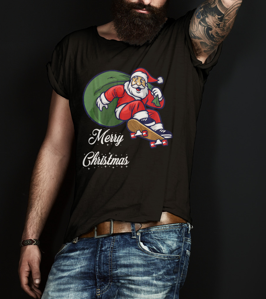 Merry Christmas Santa Claus Skating With Gift Sack T-Shirt
