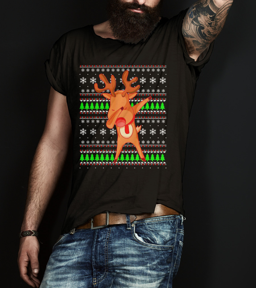 Dabbing Red Nose Reindeer Snowflakes Christmas Trees Ugly T-Shirt