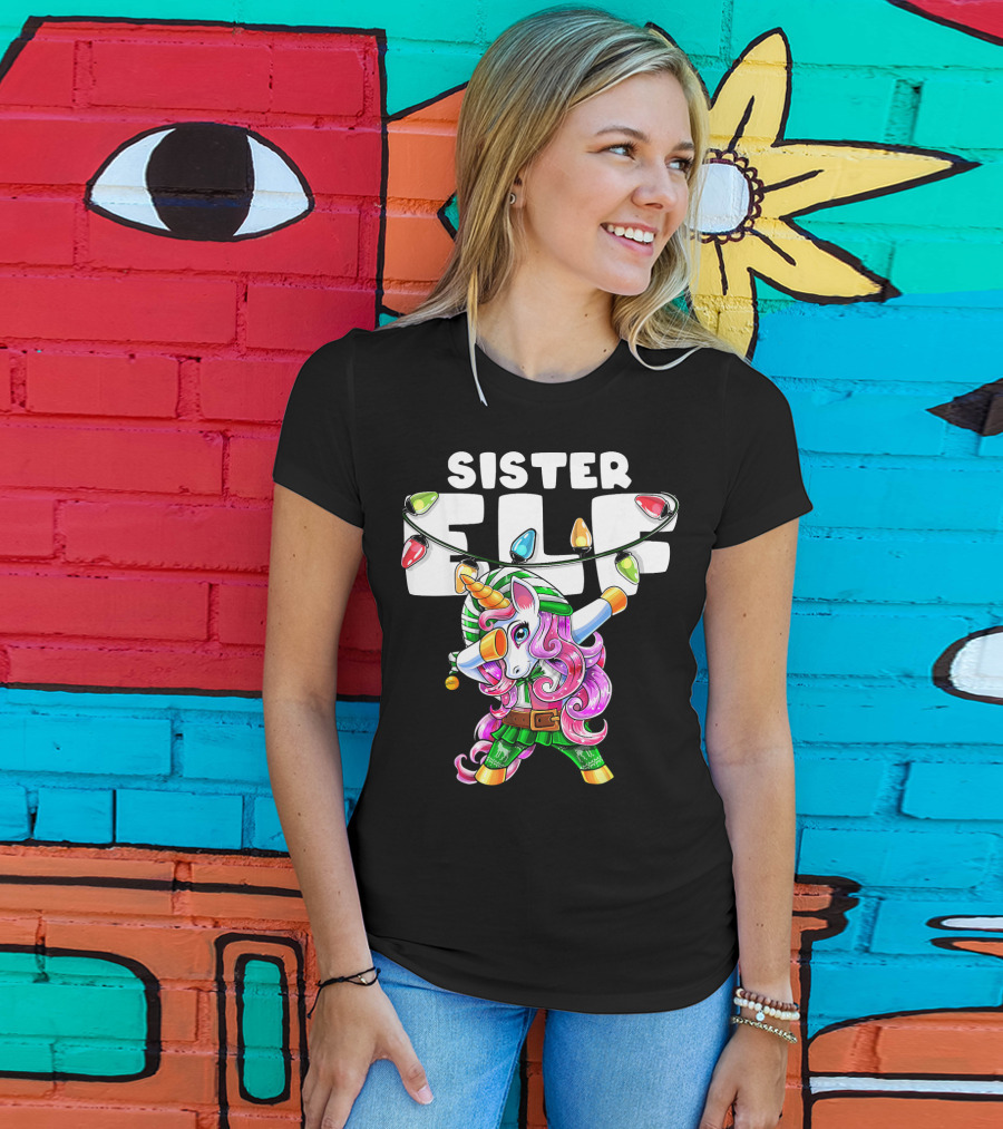 Sister Elf Christmas Dabbing Unicorn With Holiday Lights T-Shirt