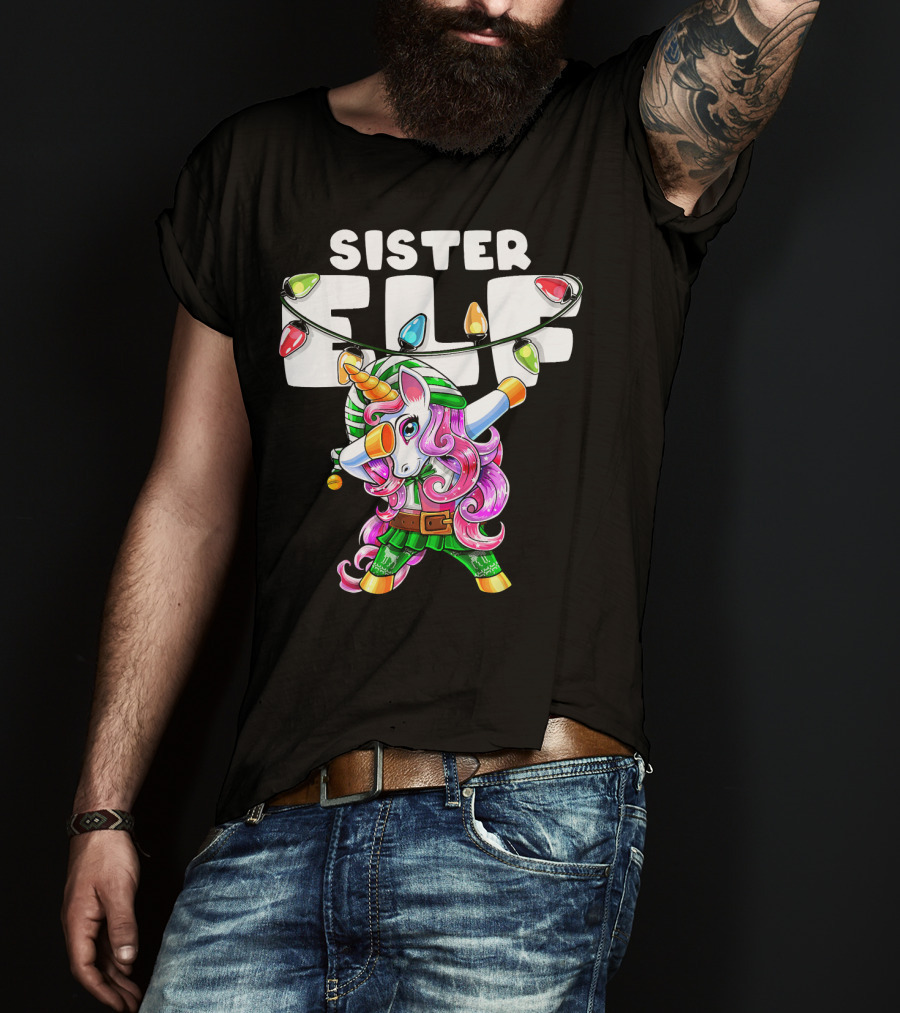 Sister Elf Christmas Dabbing Unicorn With Holiday Lights T-Shirt