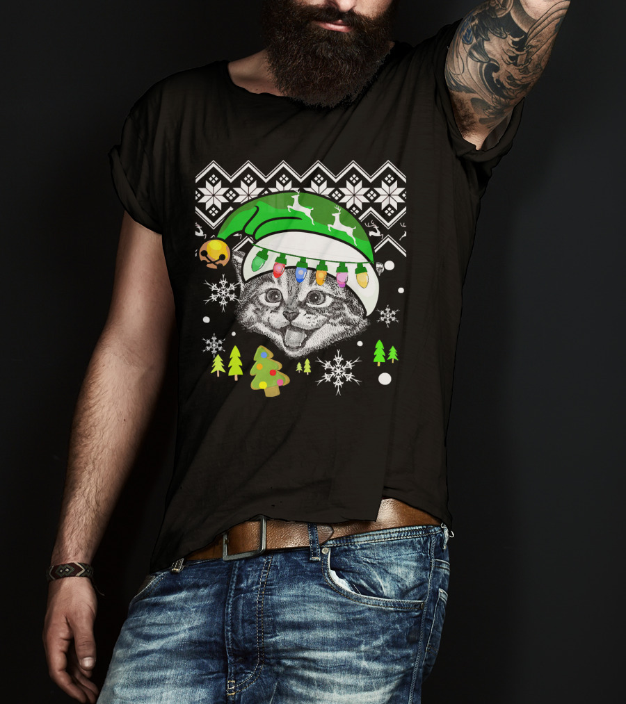 Christmas Cat Reindeer Hat Snowflakes Festive Lights T-Shirt