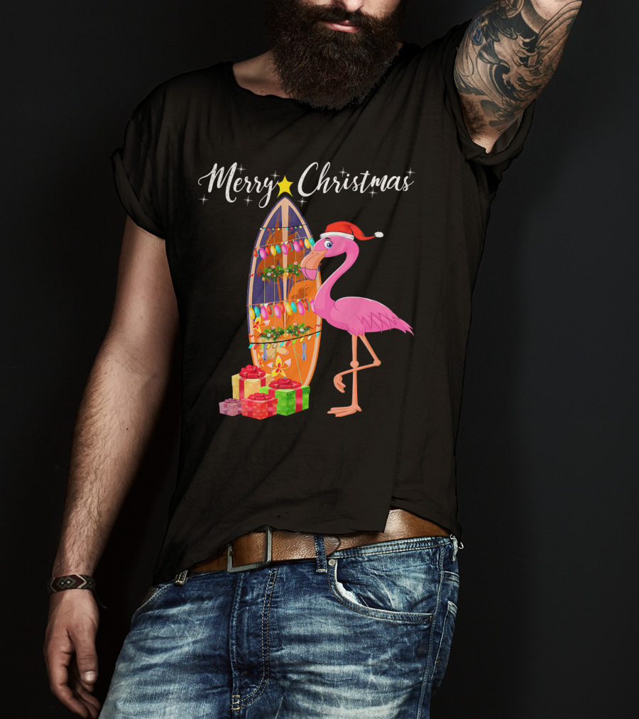 Merry Christmas Flamingo Surfboard Santa Hat Gifts T-Shirt