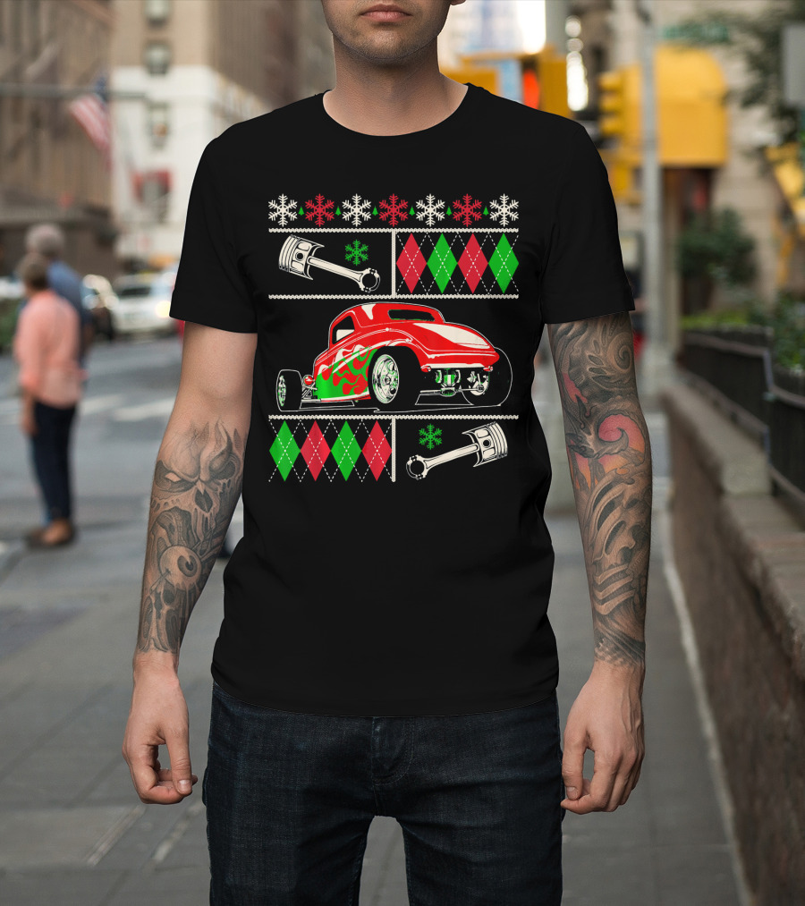 Hot Rod Christmas Ugly Sweater Red Green Car Snowflakes Argyle Pistons T-Shirt