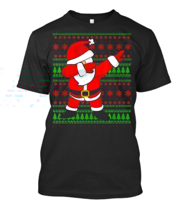Santa Claus Dabbing Christmas Sweater Style Snowflakes Trees T-Shirt