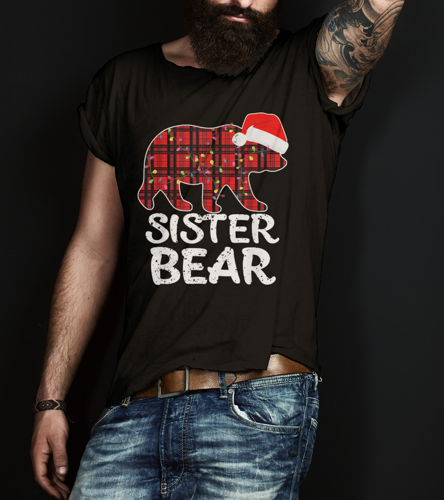 Sister Bear Red Plaid Christmas Paj With Santa Hat And Lights T-Shirt