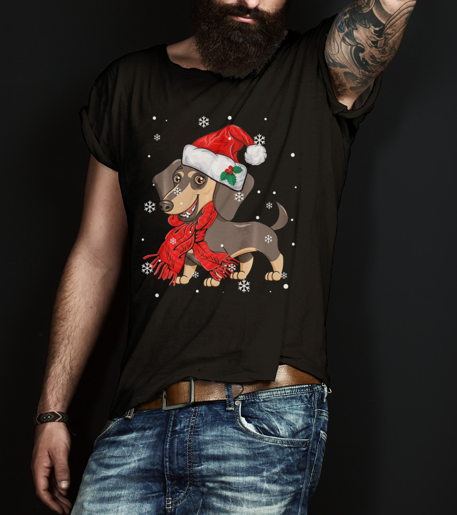 Dachshund Wearing Santa Hat And Red Scarf With Snowflakes T-Shirt