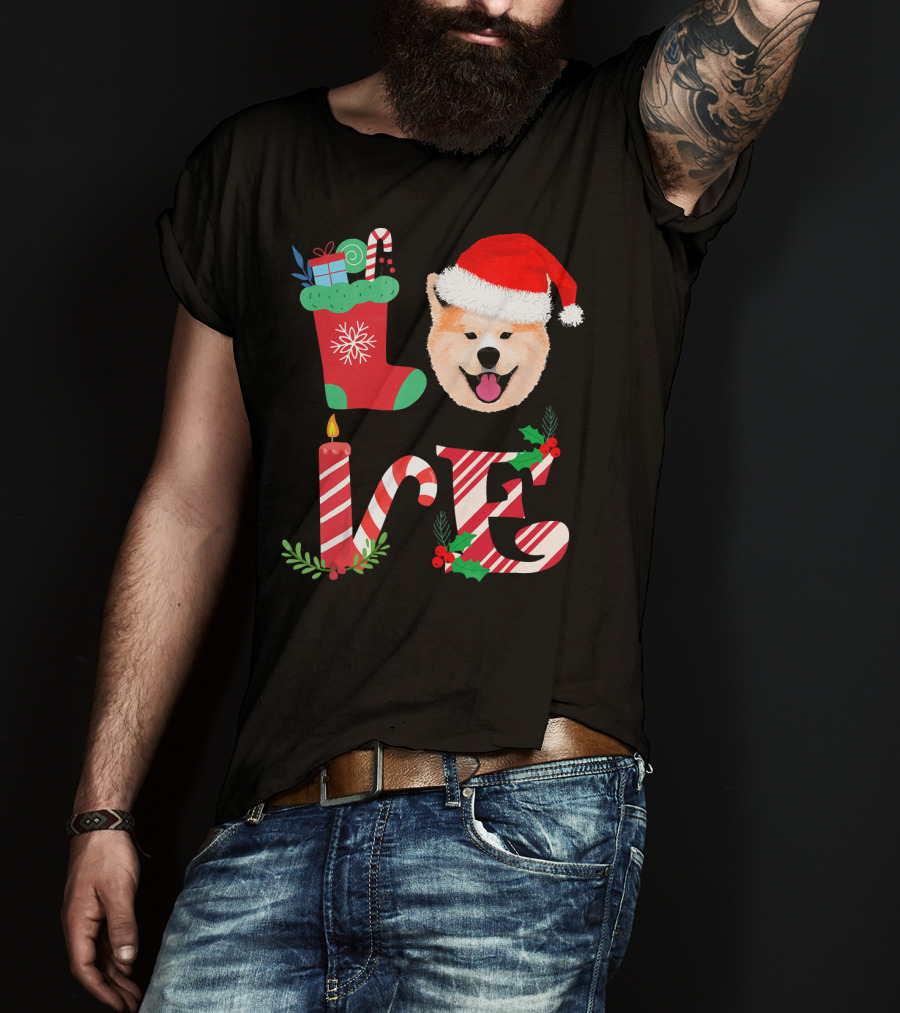 I Love My Akita Christmas Love With Santa Hat And Holiday Decorations T-Shirt