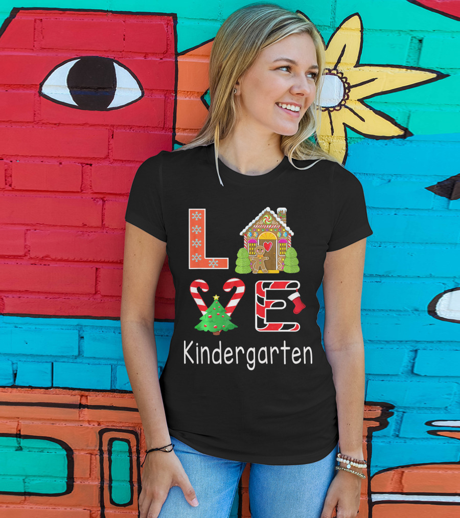 Love Kindergarten Christmas Candy Cane Gingerbread House T-Shirt