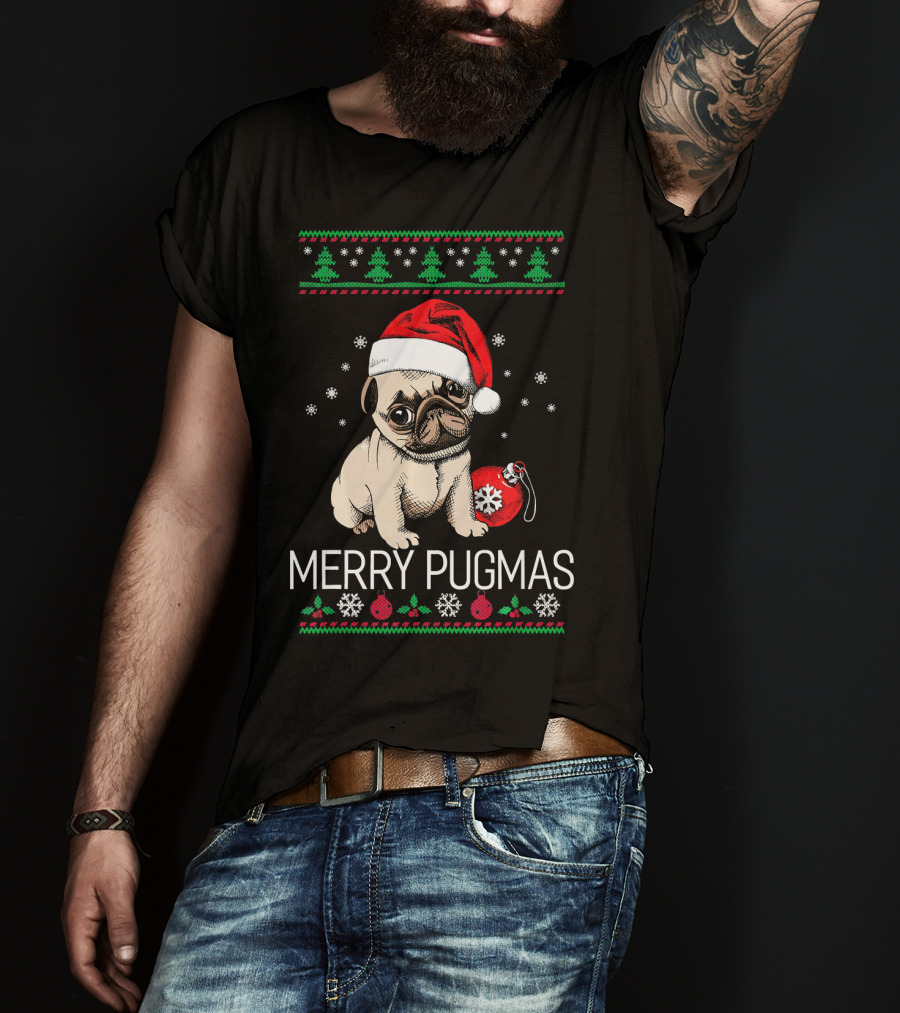 Merry Pugmas Santa Pug With Christmas Trees And Ornaments T-Shirt