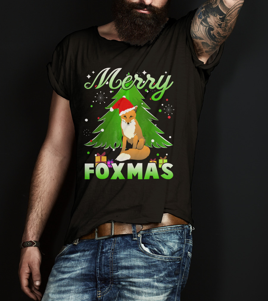 Merry Foxmas Santa Hat Fox And Christmas Tree T-Shirt