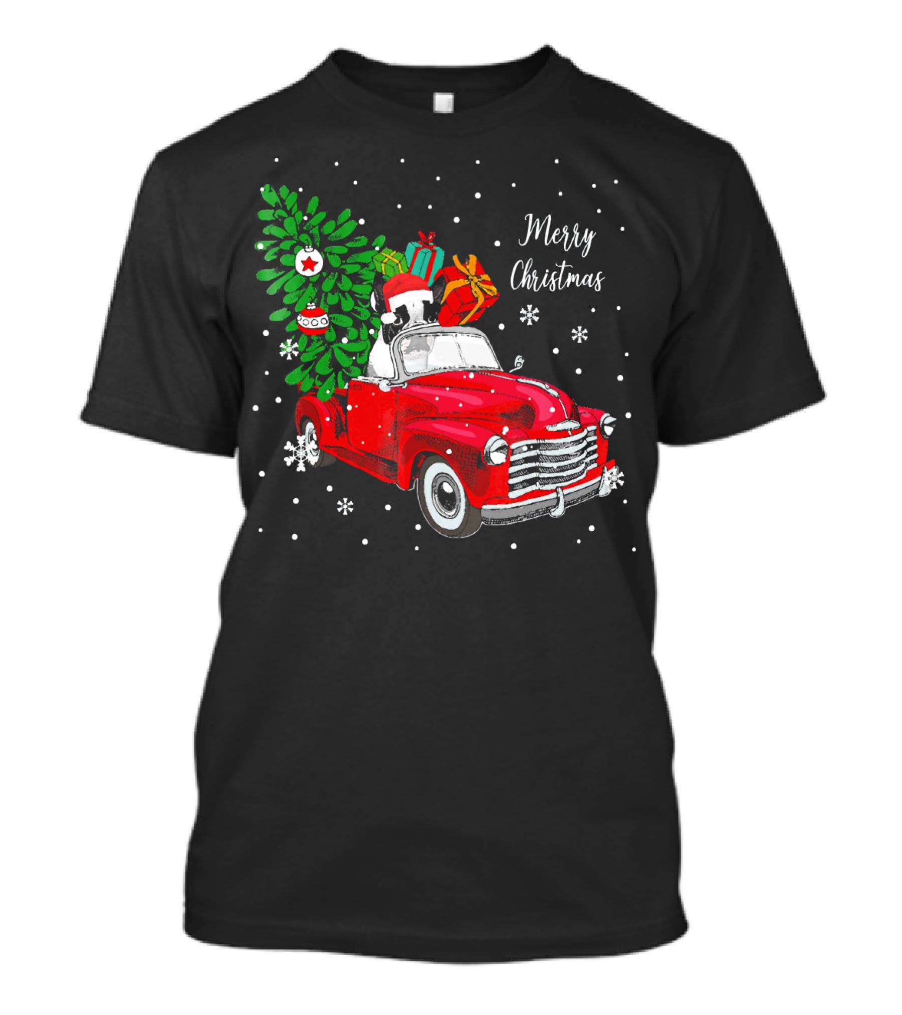 Merry Christmas Santa Boston Terrier Red Truck Snowflakes T-Shirt