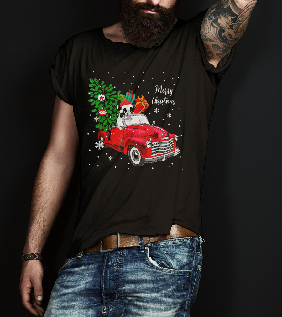Merry Christmas Santa Boston Terrier Red Truck Snowflakes T-Shirt