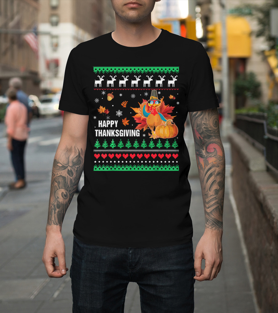 Happy Thanksgiving Turkey Pilgrim Hat Reindeer Snowflakes Pumpkins Leaves T-Shirt