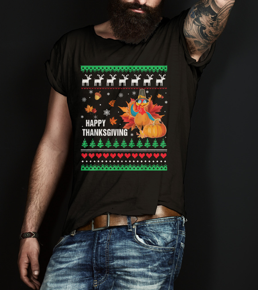 Happy Thanksgiving Turkey Pilgrim Hat Reindeer Snowflakes Pumpkins Leaves T-Shirt