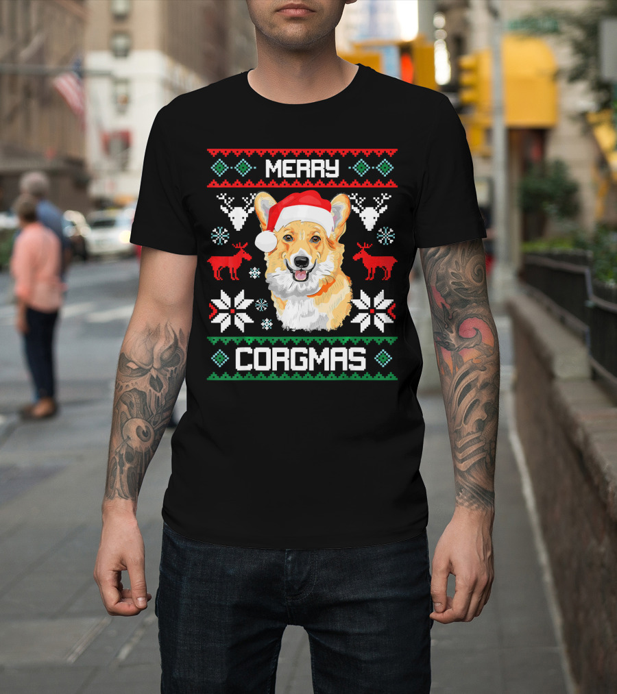 Merry Corgmas Corgi Dog Santa Hat Ugly Christmas T-Shirt
