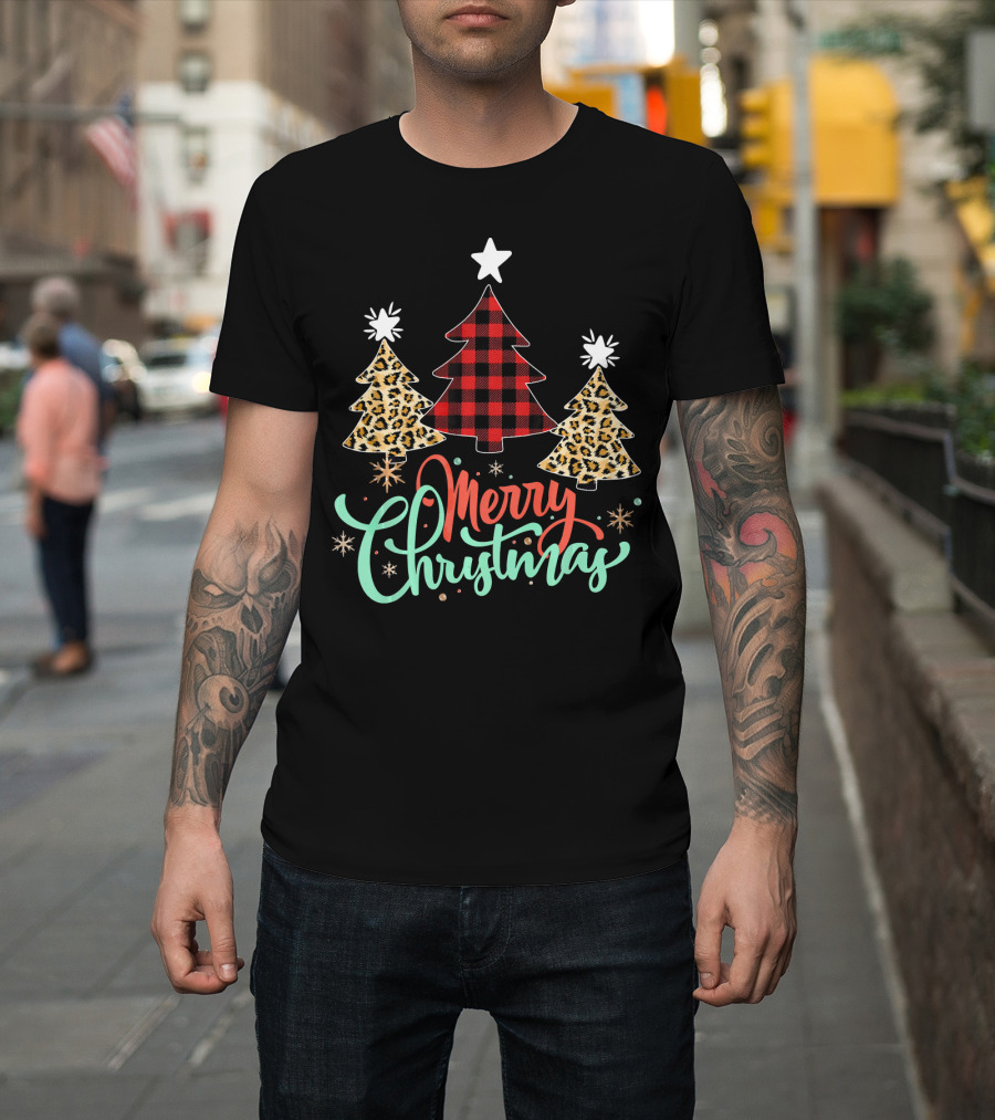 Merry Christmas Leopard Plaid Tree T-Shirt