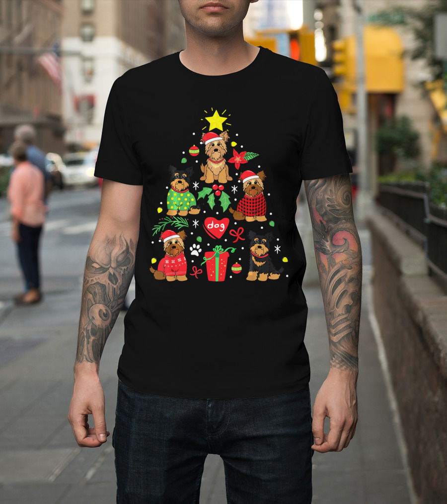 Yorkipoo Dog in Santa and Christmas Sweaters with Ornaments and Gifts T-Shirt