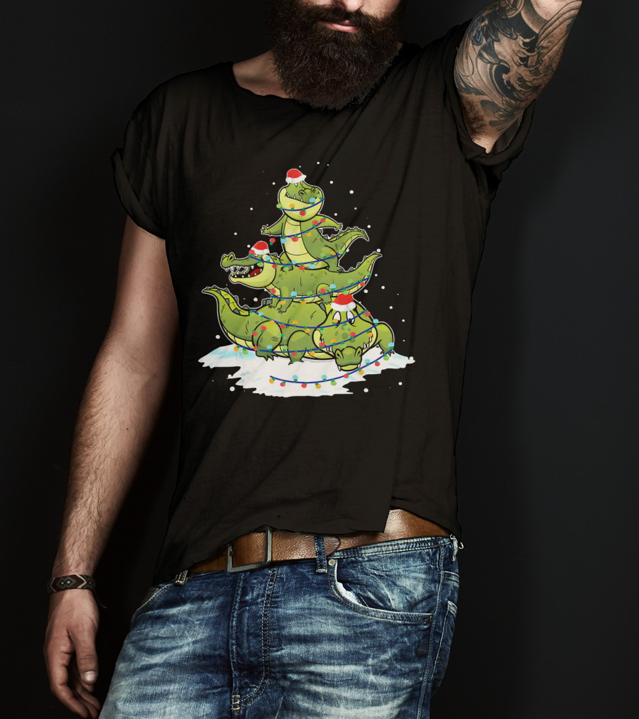 Alligator Santa Christmas Light Tree Festive Holiday Scene T-Shirt