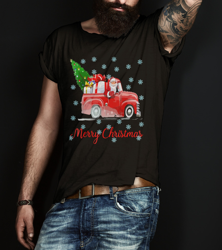 Merry Christmas Tree Santa Vintage Car With Presents And Snowflakes T-Shirt