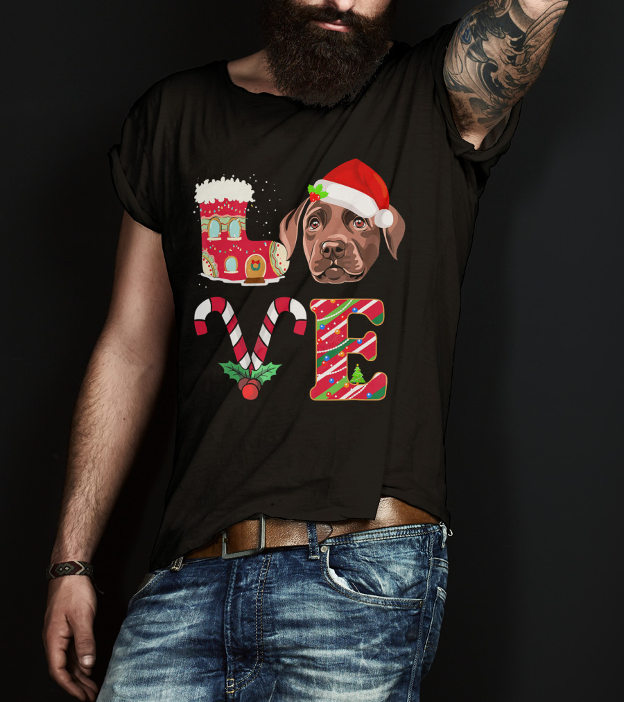 I Love My Chocolate Labrador Christmas Theme With Santa Hat And Candy Cane Decorations T-Shirt
