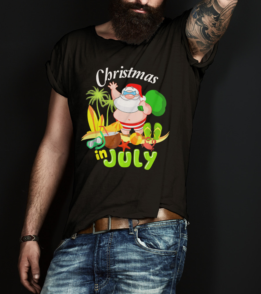 Christmas In July Santa With Surfboards, Palm Trees, Tropical Drinks, And Beach Accessories T-Shirt