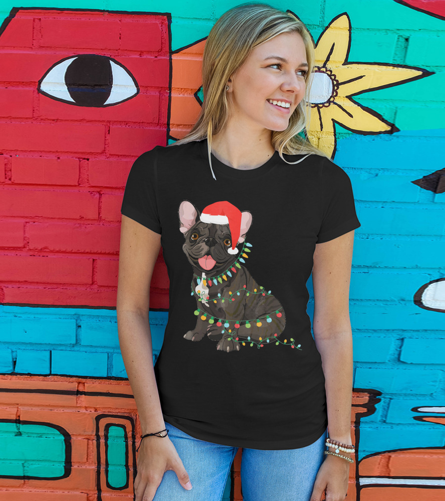 Santa French Bulldog Tangled In Christmas Lights T-Shirt