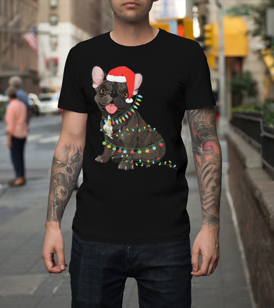 Santa French Bulldog Tangled In Christmas Lights T-Shirt