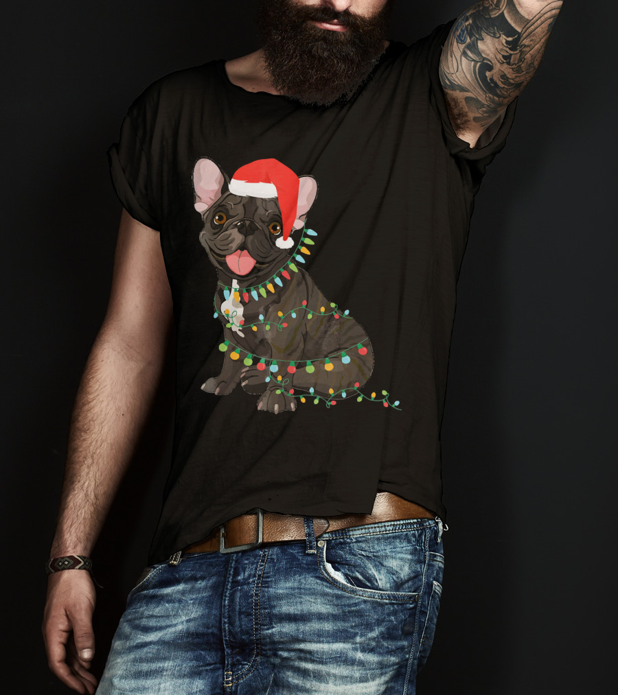 Santa French Bulldog Tangled In Christmas Lights T-Shirt