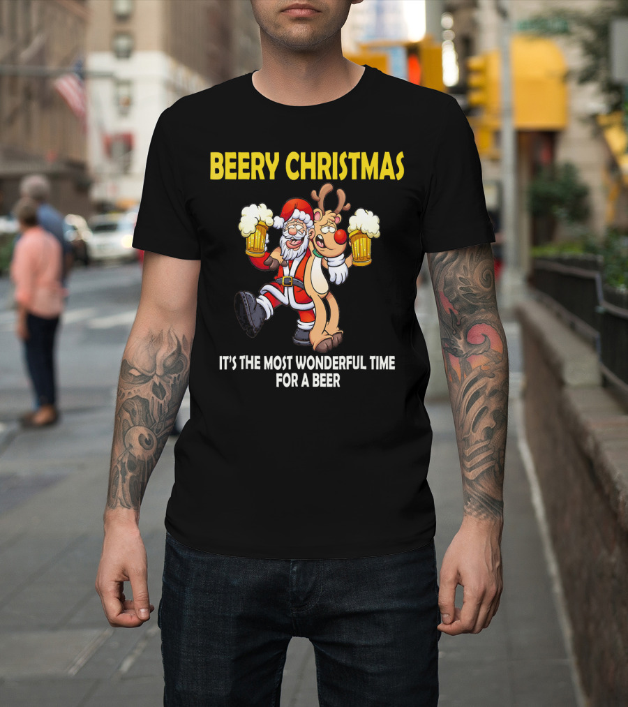 Beery Christmas It's the Most Wonderful Time for a Beer Santa and Reindeer Cheers T-Shirt