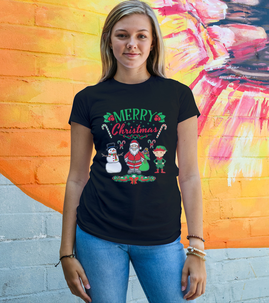 Merry Christmas Santa And Snowman With Elf And Candy Canes T-Shirt