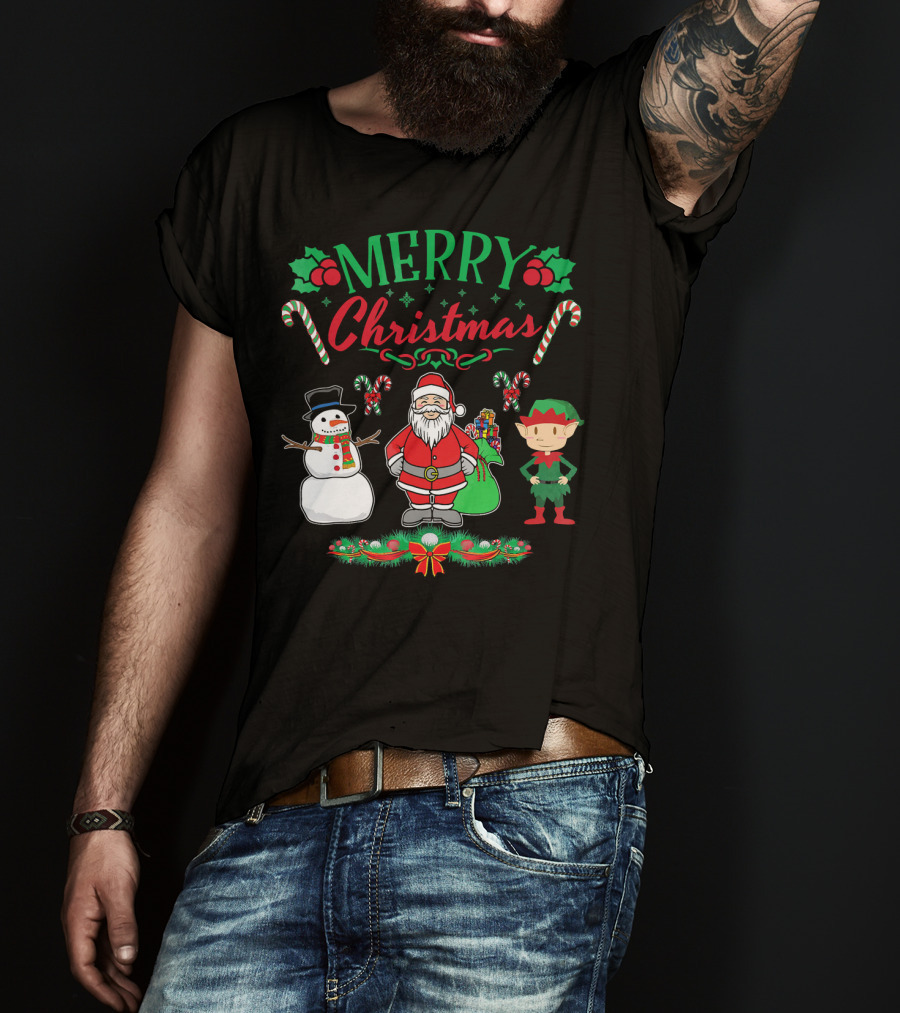 Merry Christmas Santa And Snowman With Elf And Candy Canes T-Shirt