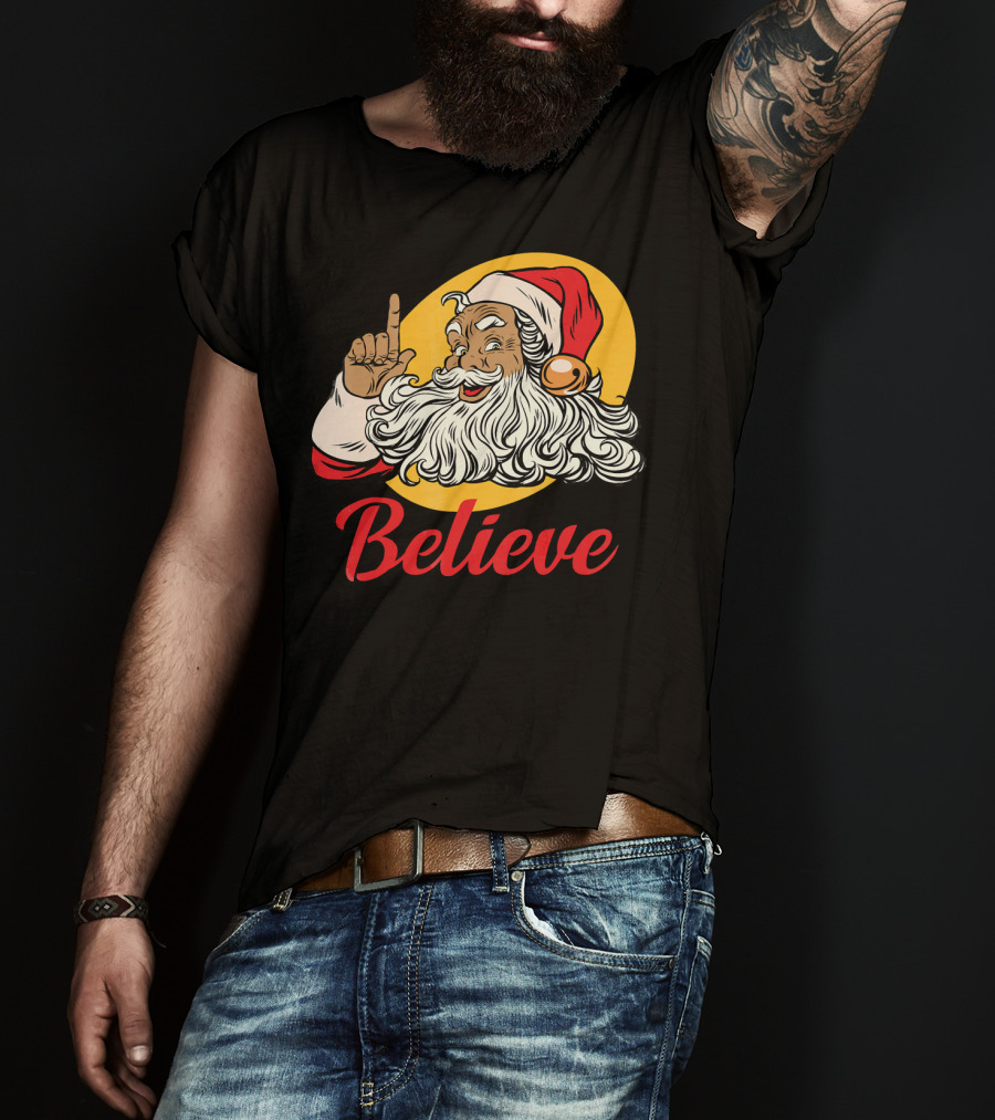 Black Santa Claus With Believe Caption And Yellow Background T-Shirt