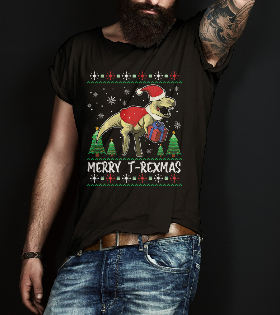Merry T-Rexmas Dinosaur Santa Claus Holiday Snowflakes Trees T-Shirt