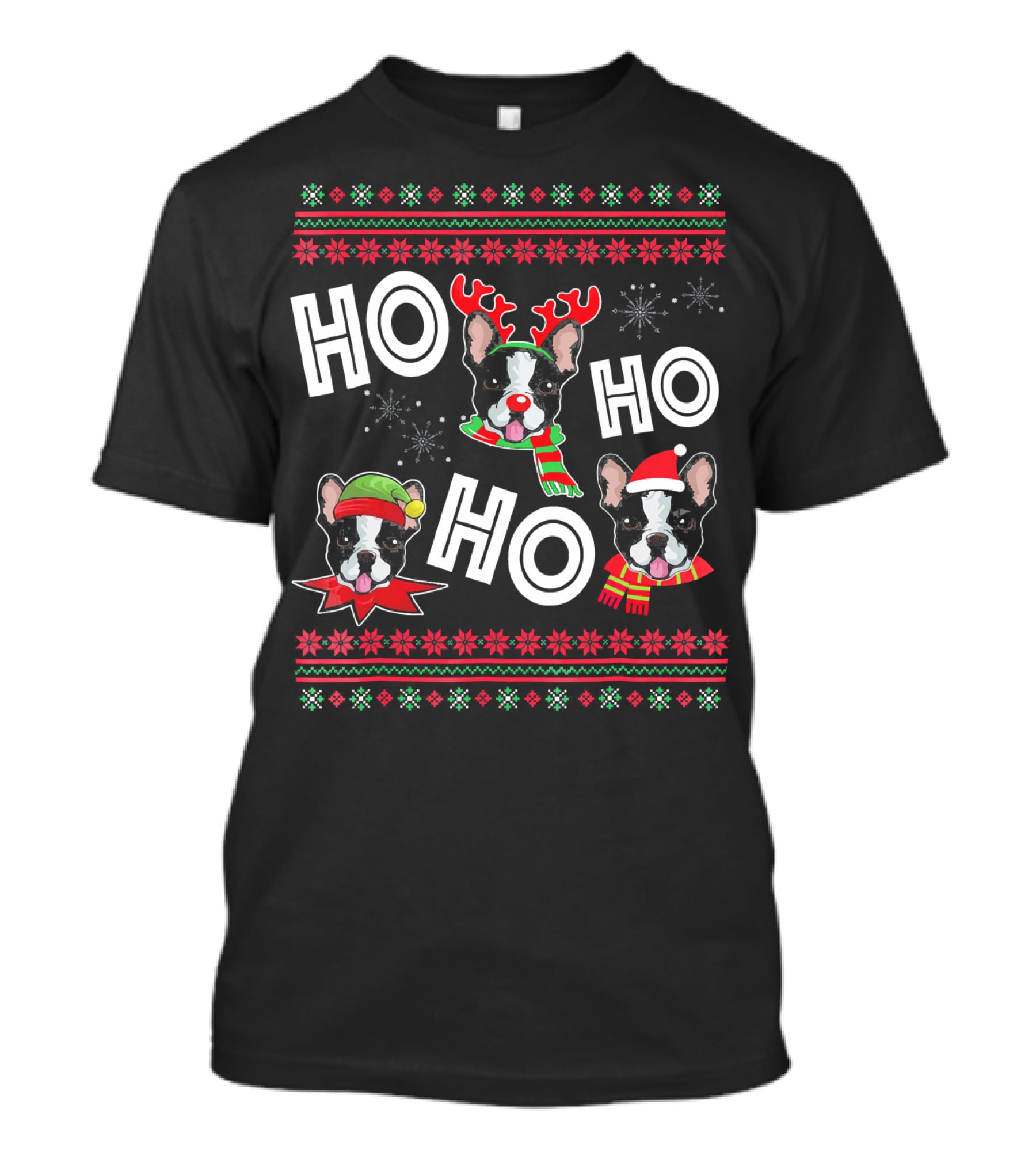 HO HO HO Boston Terrier Funny Do Christmas Reindeer Santa Hat Scarf Snowflakes T-Shirt