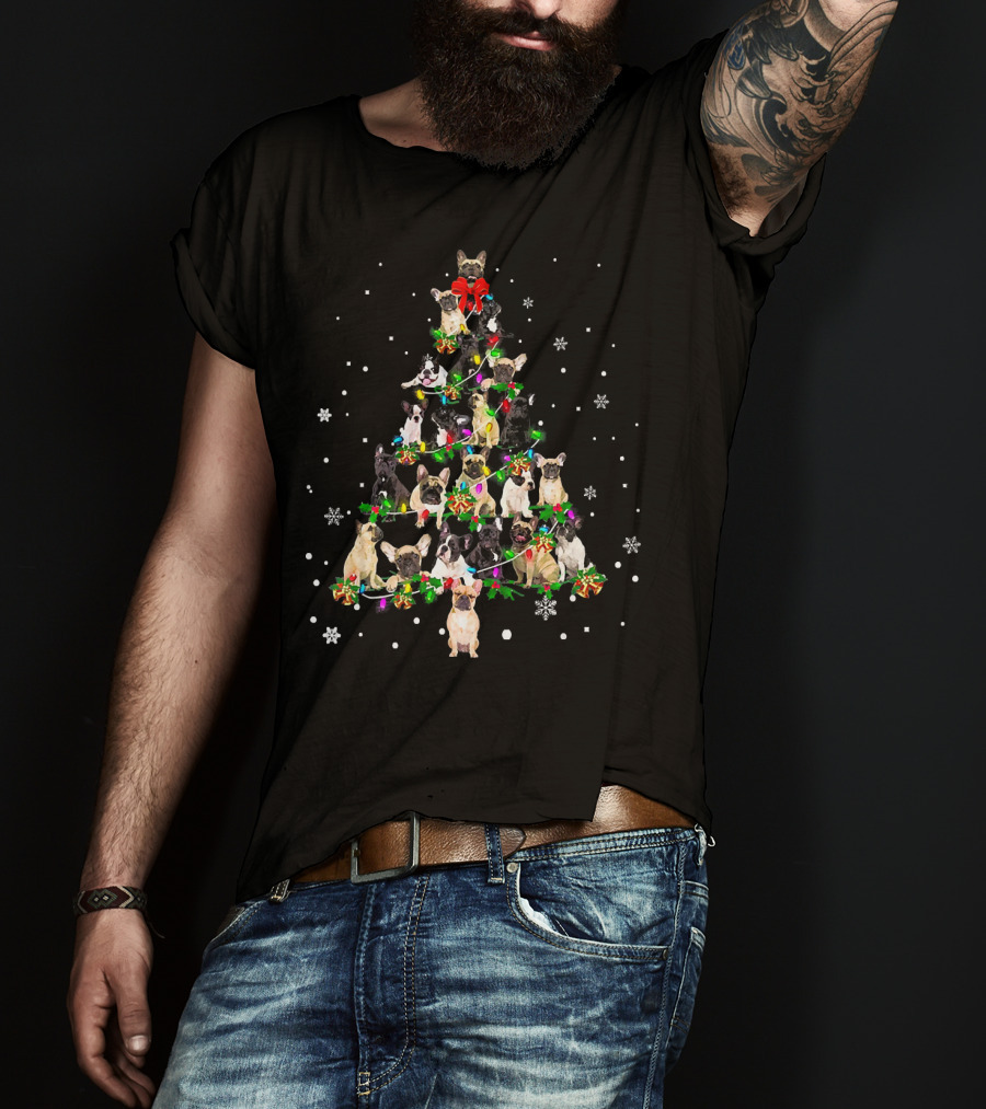 Cute Frenchies Dog Christmas Tree Snowflakes Bright Decorations T-Shirt