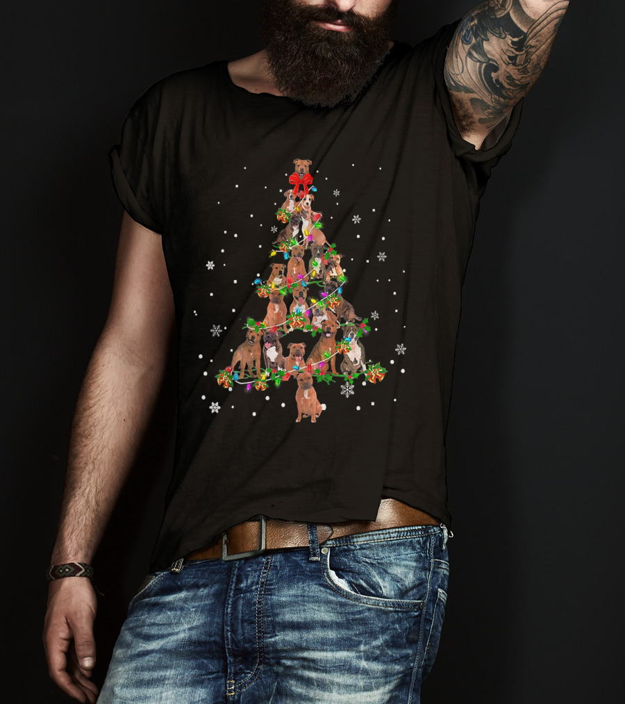 Cute Staffie Dog Christmas Tree With Garland And Presents T-Shirt