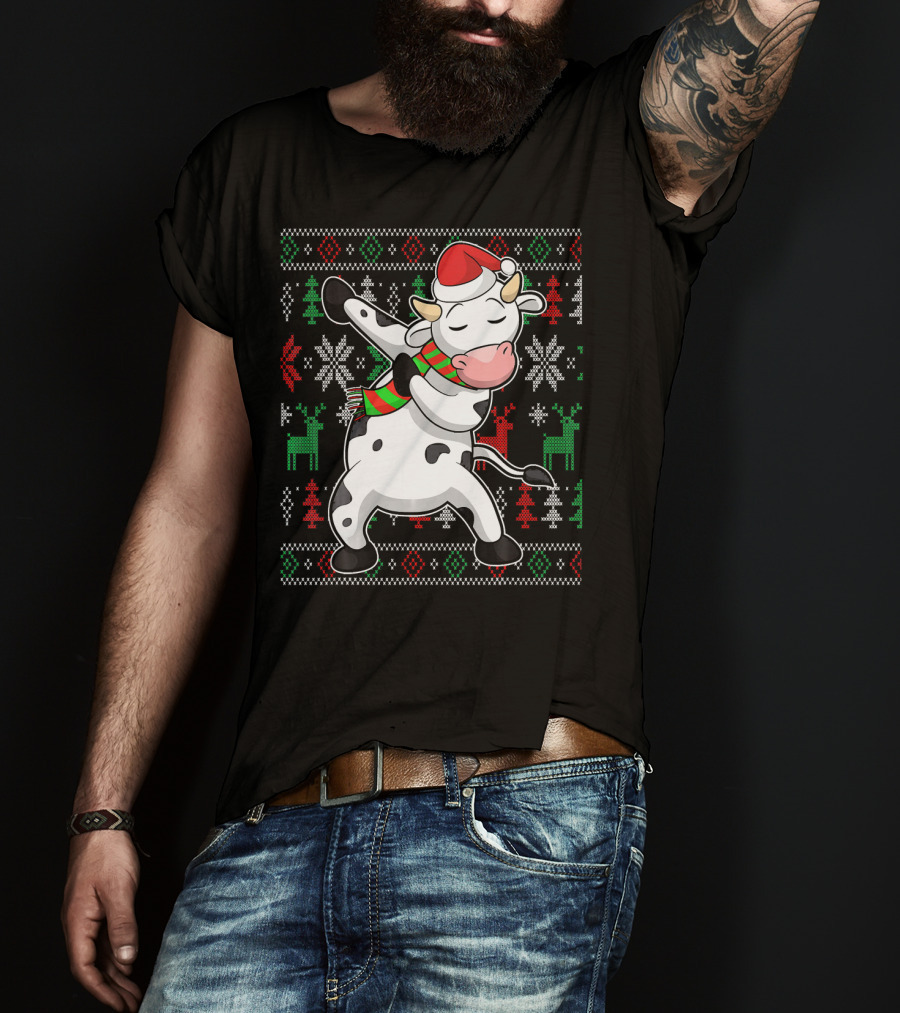 Ugly Christmas Dabbing Santa Cow With Festive Reindeer And Snowflakes T-Shirt